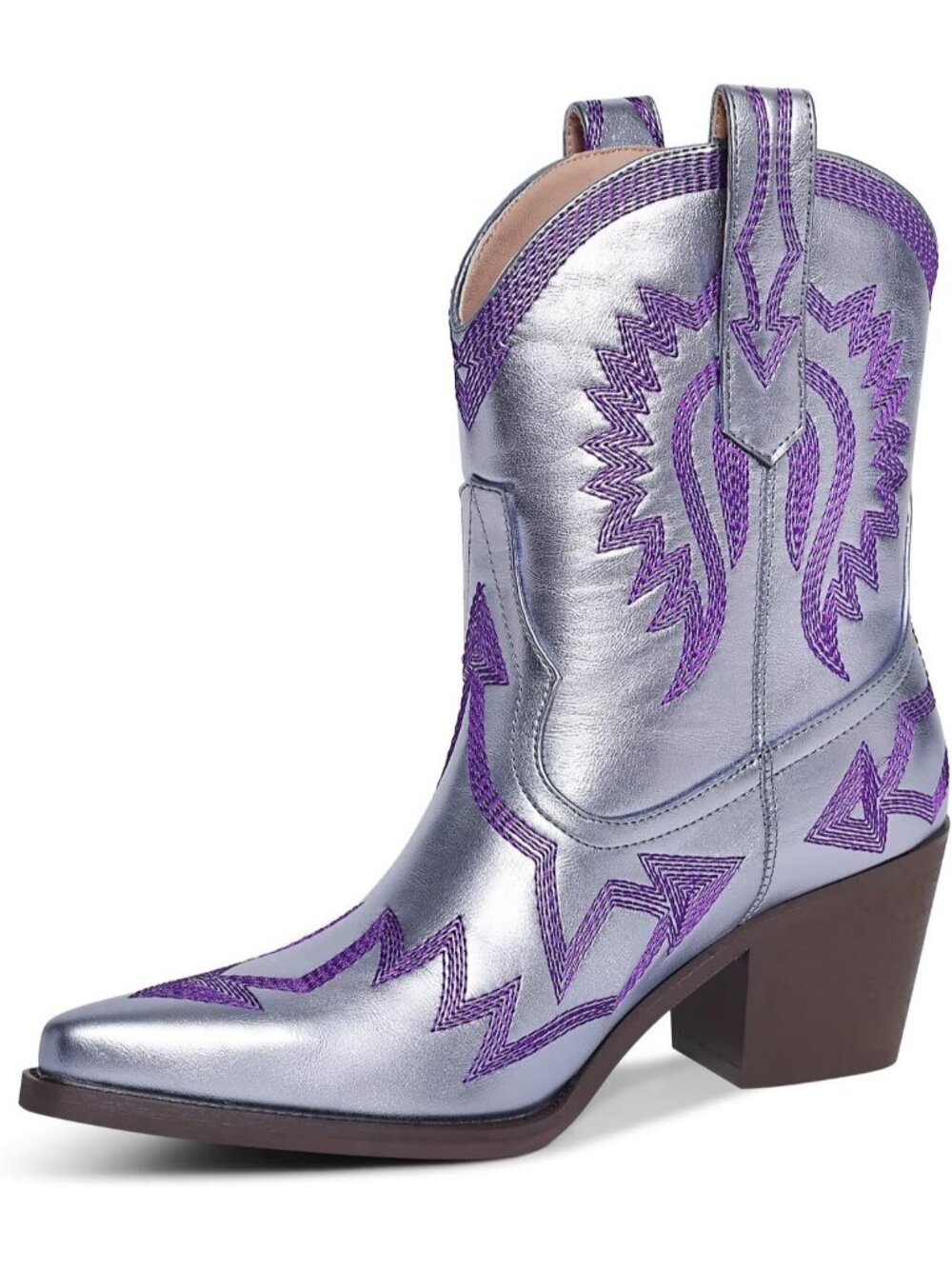 Women's Lavender Western Ankle Cowgirl Boots Chunky Pointed Toe Wide Calf Boots